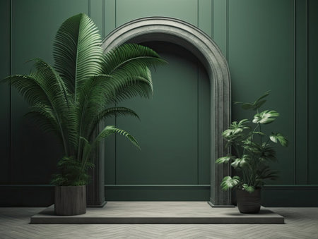 Green door and growing ,caring of plants in garden concept in plain Light background with copy space. 3D rendering for picture frame backgrounds. AI Generative.の素材