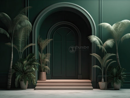 Green door and growing ,caring of plants in garden concept in plain Light background with copy space. 3D rendering for picture frame backgrounds. AI Generative.の素材