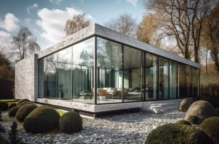 Design house - modern villa with open plan living and private bedroom wing. Large terrace with privacy and, swimming pool. Generative AI.の素材