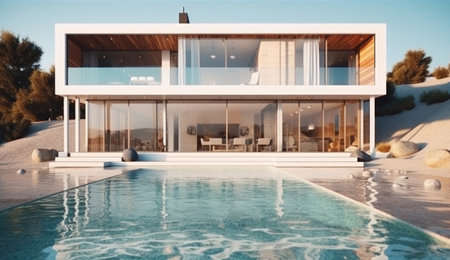 Design house - modern villa with open plan living and private bedroom wing. Large terrace with privacy and, swimming pool. Generative AI.の素材