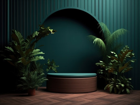 Green podium in modern tropical background for product placement 3d render. AI Generativeの素材