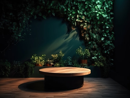 Green podium in modern tropical background for product placement 3d render. AI Generativeの素材