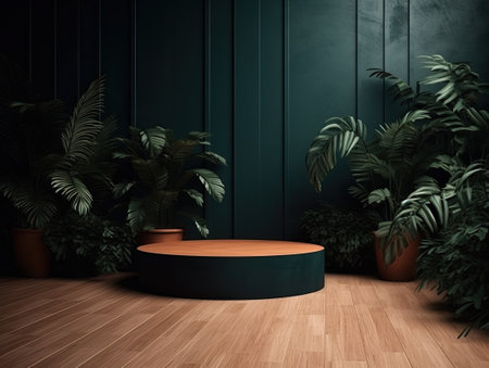 Green podium in modern tropical background for product placement 3d render. AI Generativeの素材