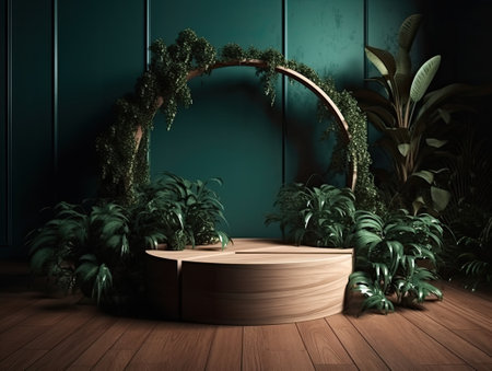 Green podium in modern tropical background for product placement 3d render. AI Generativeの素材