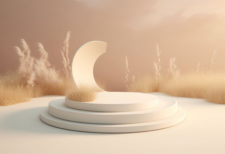 Podium on sand background. Display with sunshade and shadow on the background for cosmetic perfume fashion natural product. Generative AI.の素材