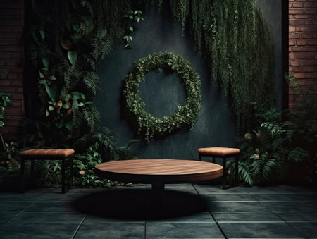 Green podium in modern tropical background for product placement 3d render. AI Generativeの素材