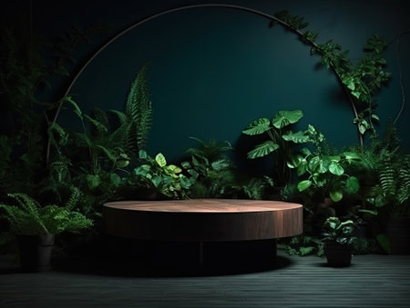 Green podium in modern tropical background for product placement 3d render. AI Generativeの素材