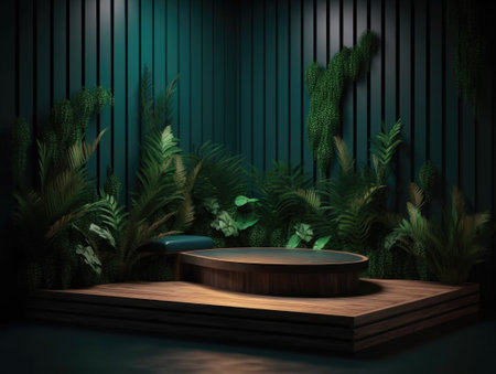 Green podium in modern tropical background for product placement 3d render. AI Generativeの素材