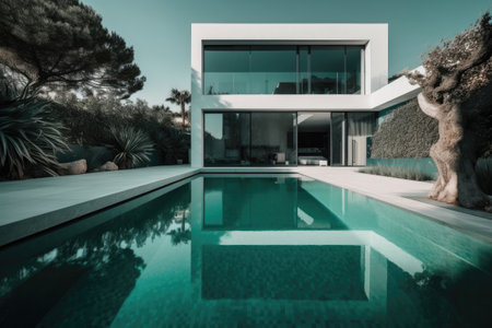 Design house - modern villa with open plan living and private bedroom wing. Large terrace with privacy and, swimming pool. Generative AI.の素材