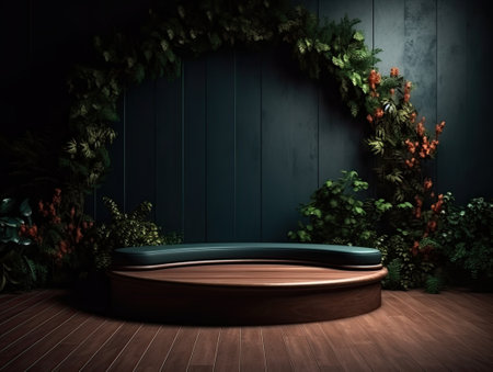 Green podium in modern tropical background for product placement 3d render. AI Generativeの素材