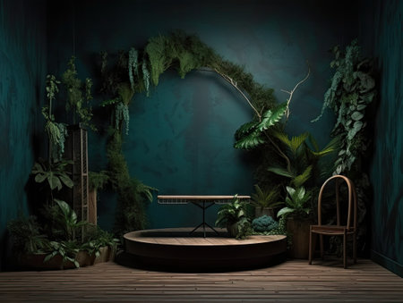 Green podium in modern tropical background for product placement 3d render. AI Generativeの素材
