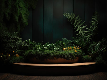 Green podium in modern tropical background for product placement 3d render. AI Generativeの素材
