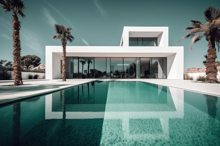 Design house - modern villa with open plan living and private bedroom wing. Large terrace with privacy and, swimming pool. Generative AI.の素材