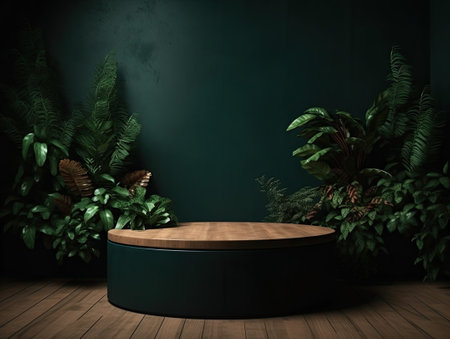 Green podium in modern tropical background for product placement 3d render. AI Generativeの素材