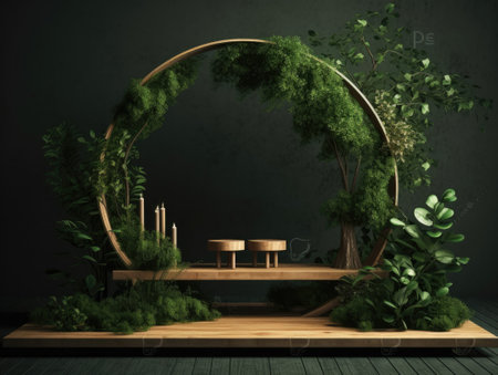 Green podium in modern tropical background for product placement 3d render. AI Generativeの素材