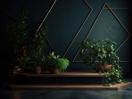 Green podium in modern tropical background for product placement 3d render. AI Generativeの素材