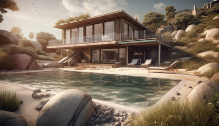 Design house - modern villa with open plan living and private bedroom wing. Large terrace with privacy and, swimming pool. Generative AI.の素材