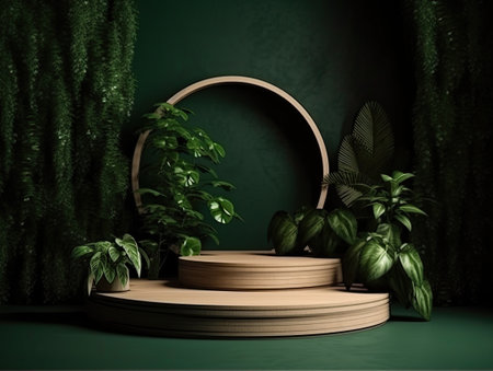 Green podium in modern tropical background for product placement 3d render. AI Generativeの素材