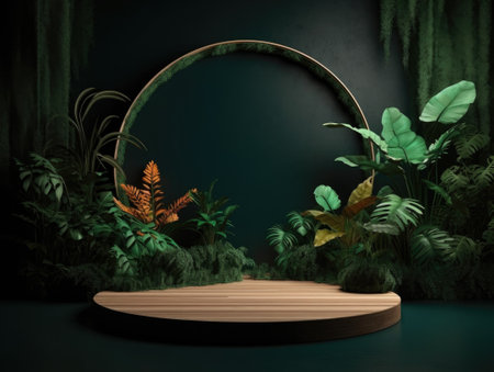 Green podium in modern tropical background for product placement 3d render. AI Generativeの素材