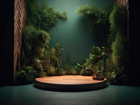 Green podium in modern tropical background for product placement 3d render. AI Generativeの素材