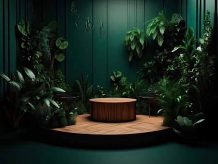 Green podium in modern tropical background for product placement 3d render. AI Generativeの素材