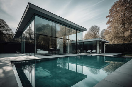Design house - modern villa with open plan living and private bedroom wing. Large terrace with privacy and, swimming pool. Generative AI.の素材