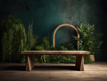 Green podium in modern tropical background for product placement 3d render. AI Generativeの素材