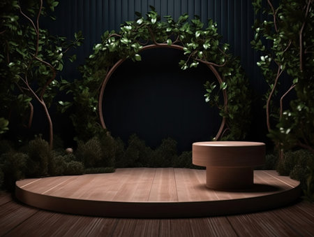 Green podium in modern tropical background for product placement 3d render. AI Generativeの素材
