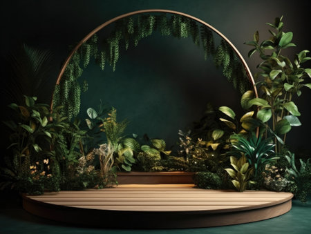 Green podium in modern tropical background for product placement 3d render. AI Generativeの素材