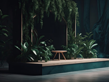 Green podium in modern tropical background for product placement 3d render. AI Generativeの素材