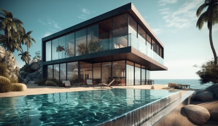 Design house - modern villa with open plan living and private bedroom wing. Large terrace with privacy and, swimming pool. Generative AI.の素材