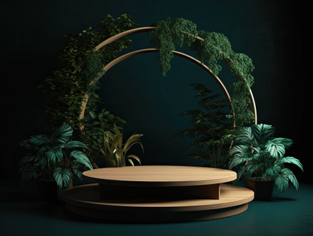 Green podium in modern tropical background for product placement 3d render. AI Generativeの素材