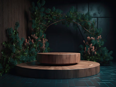 Green podium in modern tropical background for product placement 3d render. AI Generativeの素材