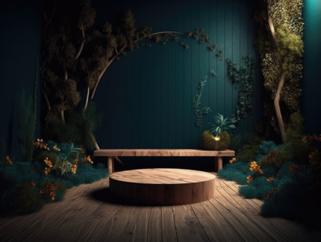 Green podium in modern tropical background for product placement 3d render. AI Generativeの素材