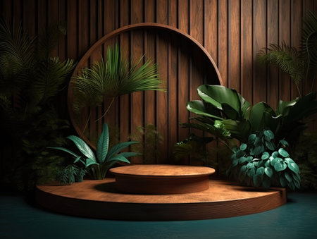 Green podium in modern tropical background for product placement 3d render. AI Generativeの素材