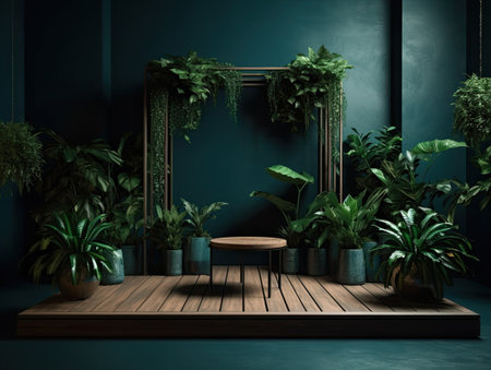 Green podium in modern tropical background for product placement 3d render. AI Generativeの素材