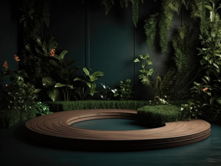 Green podium in modern tropical background for product placement 3d render. AI Generativeの素材