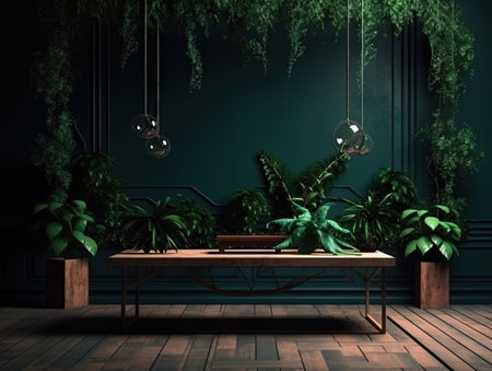 Green podium in modern tropical background for product placement 3d render. AI Generativeの素材