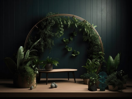 Green podium in modern tropical background for product placement 3d render. AI Generativeの素材