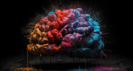 Creative art brain explodes with paints with splashes on a black background, concept idea. AI Generative.の写真素材