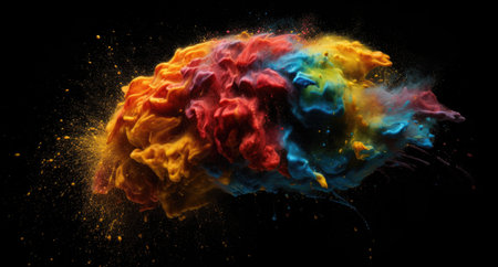Creative art brain explodes with paints with splashes on a black background, concept idea. AI...