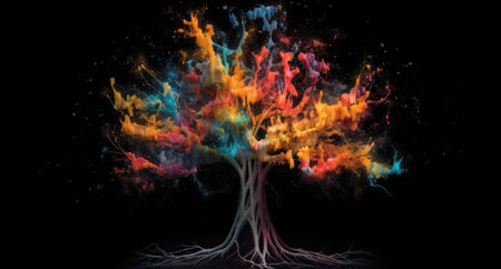 Creative art brain explodes with paints with splashes on a black background, concept idea. AI Generative.の写真素材