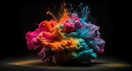 Creative art brain explodes with paints with splashes on a black background, concept idea. AI...