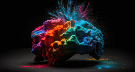 Creative art brain explodes with paints with splashes on a black background, concept idea. AI Generative.の写真素材