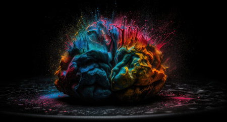Creative art brain explodes with paints with splashes on a black background, concept idea. AI...