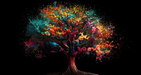 Creative art brain explodes with paints with splashes on a black background, concept idea. AI Generative.の写真素材