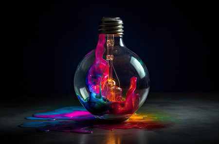 Electric light bulb exploding with paint and glass, a creative idea. Business and technology. Think different, concept. New thinking and brainstorming. AI Generative.の素材