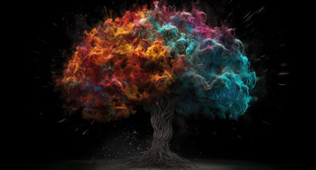 Creative art brain explodes with paints with splashes on a black background, concept idea. AI...