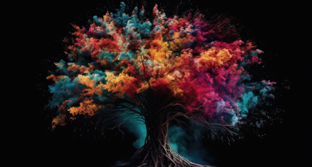 Creative art brain explodes with paints with splashes on a black background, concept idea. AI Generative.の写真素材