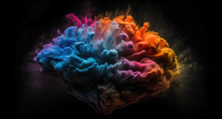 Creative art brain explodes with paints with splashes on a black background, concept idea. AI Generative.の写真素材